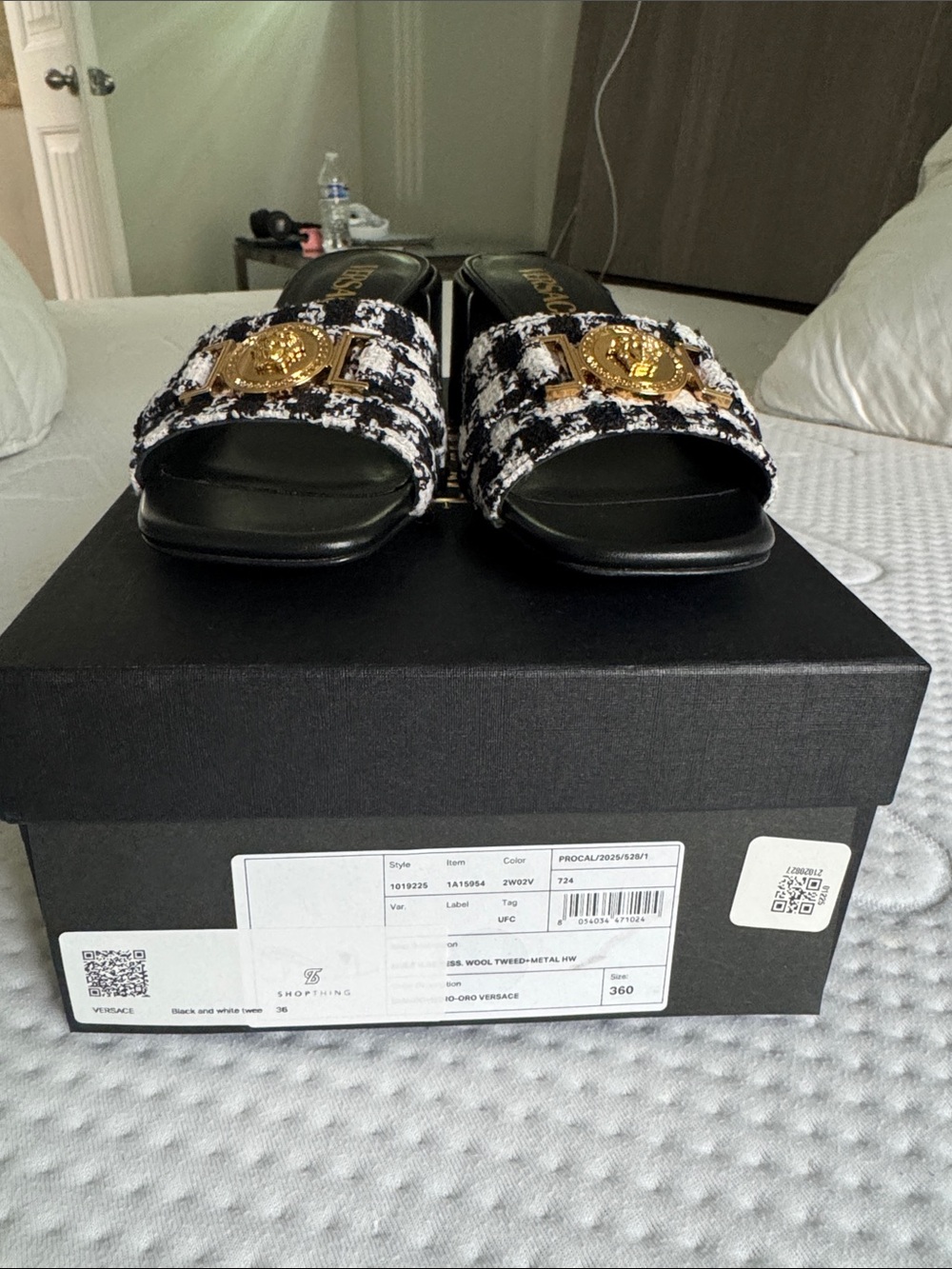 Versace Black White Tweed Slide Mules with Gold Medallion